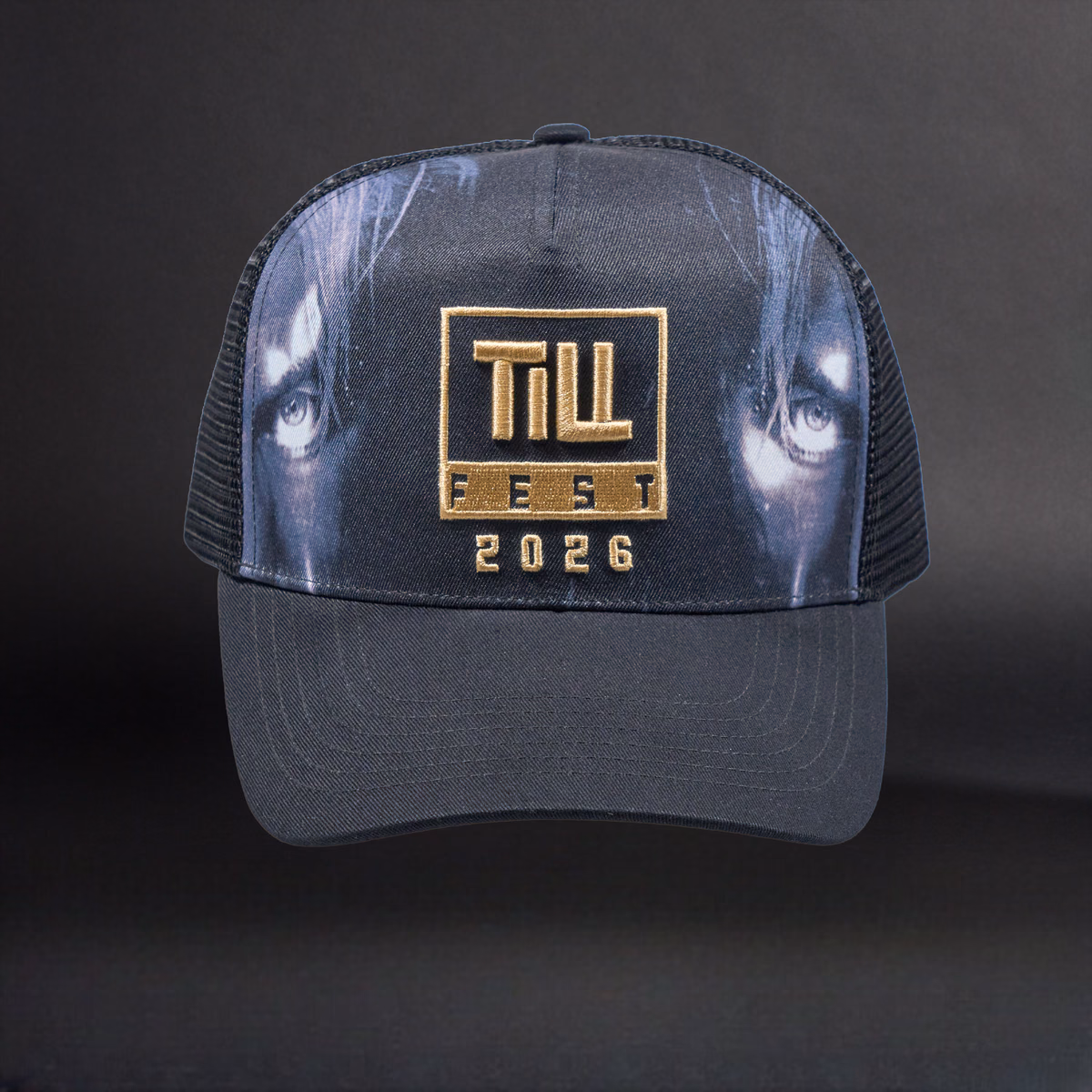 Till Lindemann Trucker Cap "Till Fest 2026" Till Lindemann Trucker Cap "Till Fest 2026" featuring embroidered festival artwork, breathable mesh back, curved brim, and adjustable snapback closure.